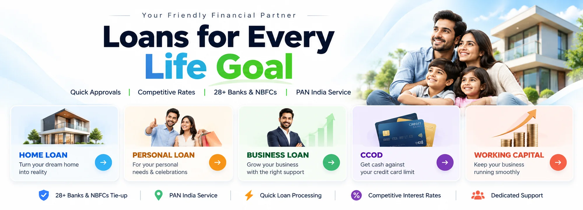 Loans for every life goal: home loan, personal loan, business loan, CC/OD and working capital with 28+ banks and NBFCs across India.